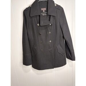 SHARP! RARE! DANA BUCHMAN WOMEN WOOL COAT Size L black navy style